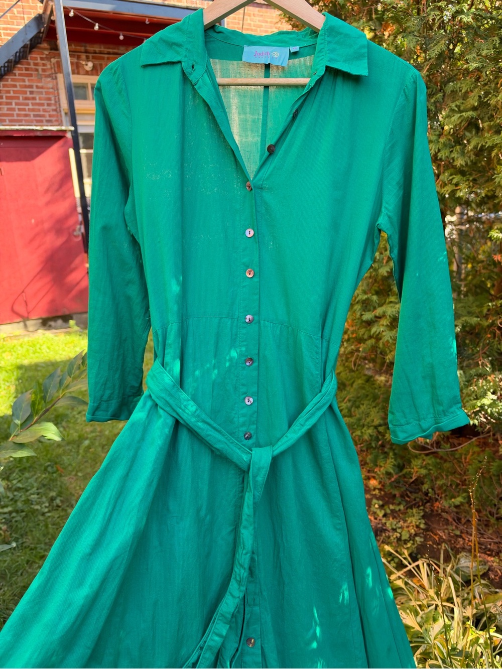 Judith Lacroix Paris Emerald Green Belted Cotton Maxi Dress